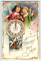 New Years Postcard Raphael Tuck Cherub Angles Clock Village Series 145 Embossed - £14.73 GBP