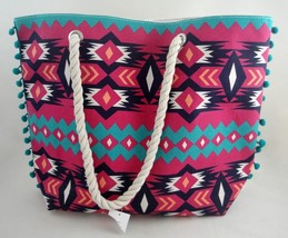 Southwest Aztec Tribal BOHO Pom Pom Fringe Canvas Tote Bag Hot Pink &amp; Turquoise - £10.05 GBP