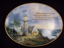 Thomas Kinkade oval porcelain collector plate A Light in the Storm gold rim 9x7" - $12.95