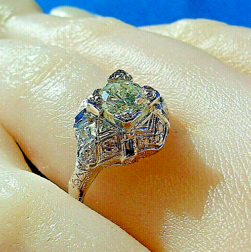 Earth mined Diamond Sapphire Deco Engagement Ring 1ct Vintage Platinum Statement Item image 8