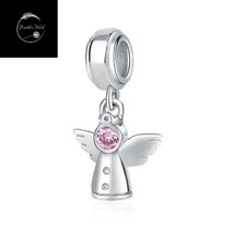 Genuine Sterling Silver 925 Guardian Angel Fairy Girl Pink Dangle Pendant Charm - £18.66 GBP