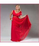 Chiffon Formal Ankle Length Sleeveless Empire Waist V Neck Red Evening Gown - £96.34 GBP