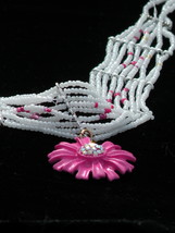 White bead choker with hot pink flower charm - £19.66 GBP