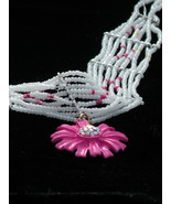 White bead choker with hot pink flower charm - £19.91 GBP