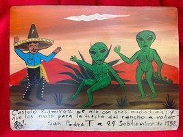 Mexican Folk Art Man Invites Alien Women To Fiesta Tin Ex Voto Retablo - $40.00