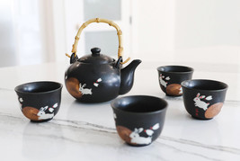 Eastern Folk Zen White Moon Rabbit Hare Black Ceramic Tea Pot With 4 Cups Set - £24.76 GBP