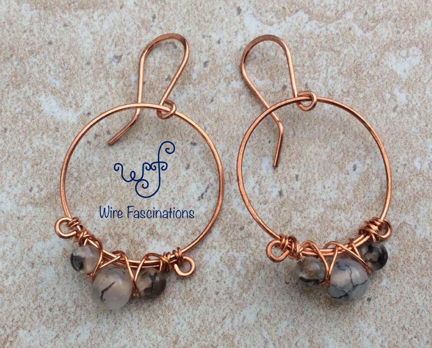 Handmade dragon agate hoop earrings: criss cross copper wire wrapped - £23.46 GBP