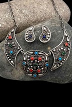 Vintage Mexico Matl Style Sterling Silver Multi Stone Necklace Clip Earrings Set - £219.81 GBP