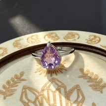 925 Silver Pear Cut Amethyst Solitaire Ring Adjustable Purple 8x9mm Gift - $24.99