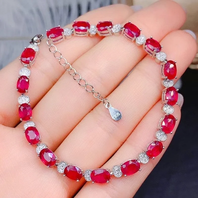 Jewelry Natual Ruby Bracelet for Daily Wear  Natural Ruby 4*6mm Silver Bracelet  - $189.55