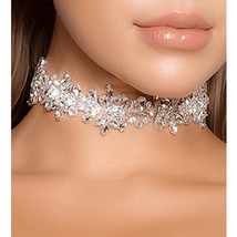 Silver Rhinestone Choker Flower Bloom Floral Necklace Adjustable 996509 - £25.47 GBP