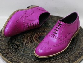 Men&#39;s Handmade Formal Leather Shoes Pink Leather Lace Up Stylish Wing Tip Dress  - £122.29 GBP