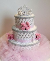 Princess Themed Baby Girl Shower Pink and Silver 3 Tier Tutu Diaper Cake... - $73.60