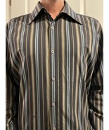 Guess Mens Button Up Shirt Shiny Silver Striped Size XL long sleeve - $11.79 CAD