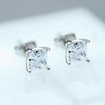 14k White Gold Plated 3Ct Princess Cut Simulated Diamond Solitaire Stud Earrings - £37.91 GBP