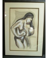 Nursing Signed &quot;Hardy&quot; Mother Breast Feeding Watercolor Fred Clark Museum - £61.52 GBP