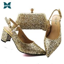 2019 newest style gold color african shoe and bag set mid heel italian design shoe with thumb200