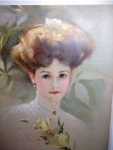 Victorian Art Print Yellow Rose Lady Artist Signed Knoefel Gray Litho Co NY 1909 - £27.76 GBP