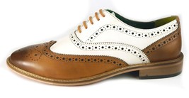 Men Oxford Brown White Wing Tip Burnished Brogue Toe Business Real Leather Shoes - £115.09 GBP