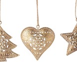 SET OF 3 ANTIQUE GOLD  3&quot; STAMPED METAL FILIGREE HEART/TREE/STAR XMAS OR... - $23.88