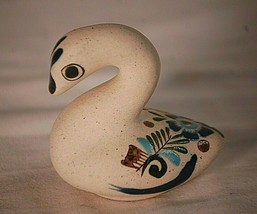 Clay Stoneware Mexican Pottery Swan Bird Folk Art Cobalt Floral Signed Mexico RS - £15.81 GBP