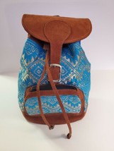 Guatemalan Native Blue Tribal Huipil And Lether Backpack Original 100% Handmade - £46.21 GBP