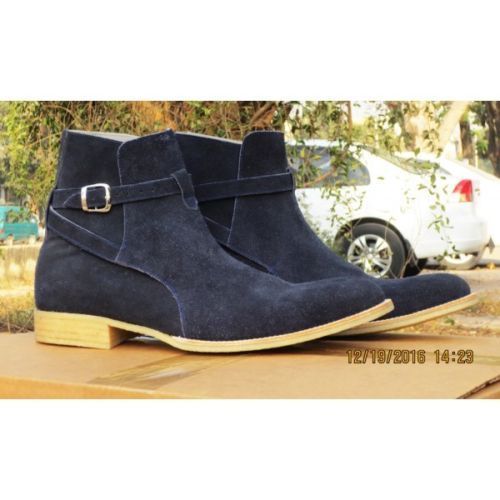 Handcrafted Blue Suede Leather High Ankle Jodhpur Rounded Buckle Strap Men Boots - $159.99 - $219.99