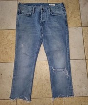 AllSaints Pistol Fit Jeans Medium Wash Button Fly Distressed Raw Hem 32x24 - £26.60 GBP