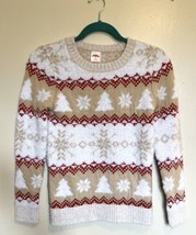 Holiday Time Christmas Sweater Girls L (10-12) White Red Tan Fuzzy X Mas Trees - £9.41 GBP