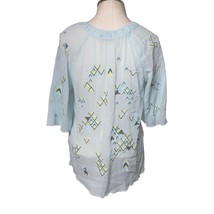 Saks Fifth Avenue Blue Crinkled Embroidered 3/4 Sleeve V-Neck Top Size M - £18.45 GBP