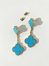Drop Turquoise and Gold Quatrefoil Motif Earrings - $55.00