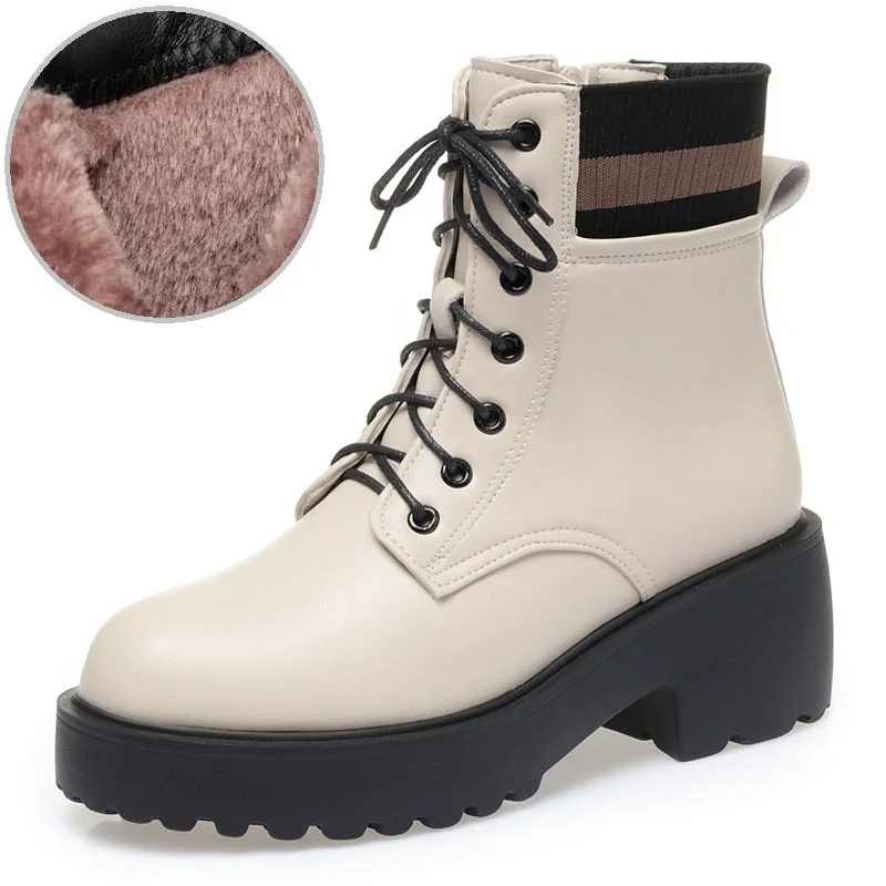 British Style Women Winter Warm Wool Boots Genuine Leather Thick High Heel Platf - £73.92 GBP