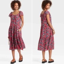 KNOX ROSE Rayon Flowy Red/Navy Floral Boho Floral Print Midi Dress Size Medium - £19.29 GBP