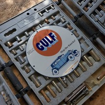 Vintage Gulf Oil Refining Company ''Stop The Knocks'' Porcelain Gas & Oil Sign - $125.00