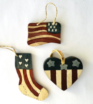 3 Americana Ornaments Flag Stocking Heart Primitive Hand Painted Wood Patriotic - £19.32 GBP