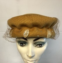 Vintage Ladies&#39; Gold Felt Hat W/PEARLS &amp; Rhinestone Accents 21&quot; #142 - £5.75 GBP