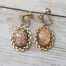 Vintage Screw On Earrings Orange Glitter with Fancy Gold Tone Halo - £11.18 GBP