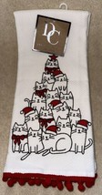 Cats CHRISTMAS Tree Pom Pom Trim Holiday Set 2 Deborah Connolly Dish Tea Towels - £14.93 GBP