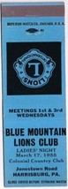 Matchbook Cover Light Blue Blue Mountain Lions Club Harrisburg Pennsylvania - $1.97