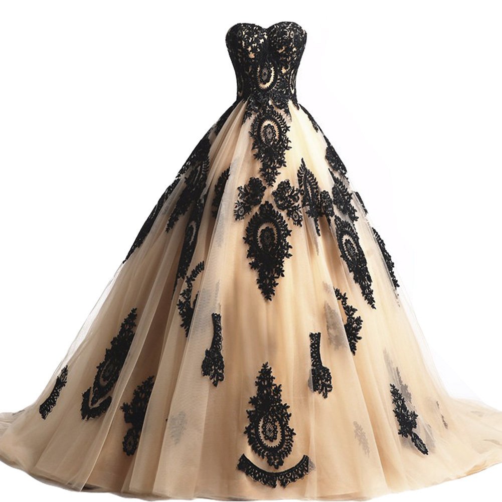 Plus Size Champagne and Black Lace Long Gothic Wedding Dress Corset Prom Evening
