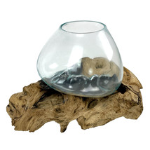 XL Clear Molten Glass On Teak Driftwood Base Decorative Bowl Vase Terrarium - £65.43 GBP