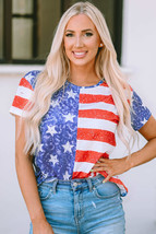 Stripe American Flag Print Distressed Crew Neck T Shirt - £12.34 GBP