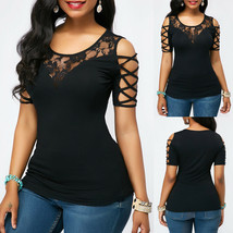 Women Lace T-shirt Solid Color Mesh Round Neck Short Sleeve Bandage Hollow Out S - £16.27 GBP