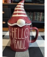 Rae Dunn &quot;HELLO FALL&quot;  Maroon Mug with Gnome Topper Fall Autumn 2021 NEW - £23.94 GBP