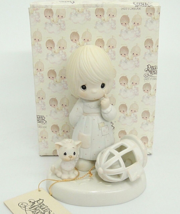 Precious Moments Lord Giveth and Taketh Away Girl w Tear Empty Birdcage and Cat - £9.62 GBP