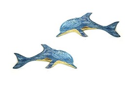Set Of 2 Dolphin Hand Carved Out Wood Beach Ocean Sea Life Wall Art Nautical Coa - $39.54