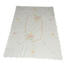 Large Scalloped Rectangle Cross Stitch Embroidered Floral Tablecloth SEE... - $26.17