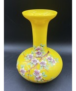 Czech Yellow Glass Painted Cherry Blossom 8” Vase Vintage Czechoslovakian ￼ - €77,38 EUR
