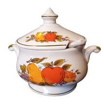 Vintage Painted Fruit Pattern Soup Tureen with Lid Ladle Handles Attache... - $12.16