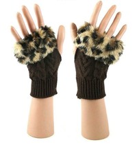 Women Knitted Trim Warmer Fingerless Leopard Rabbit Mitten Faux Fur Brown Gloves - £7.86 GBP